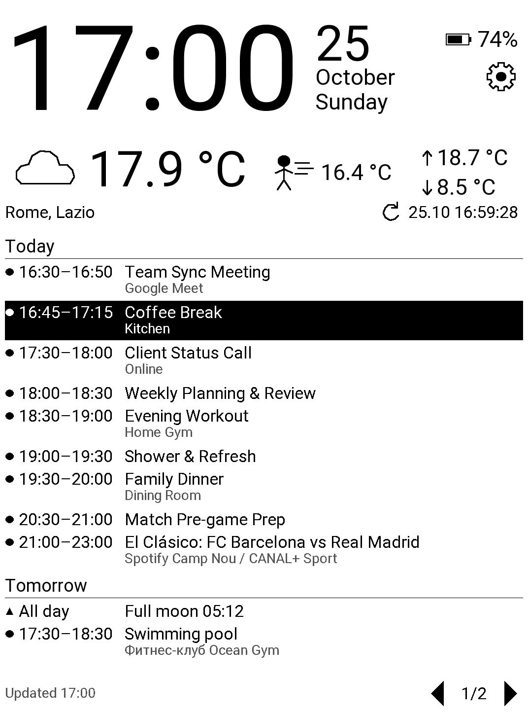 InkDay dashboard: clock, date, battery, weather and calendar events
