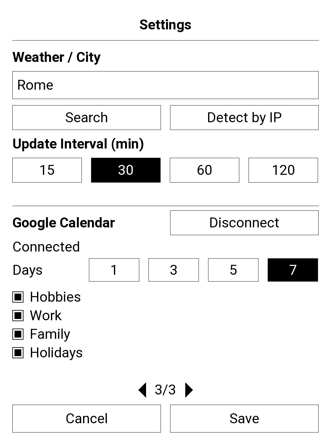 InkDay settings: city, update interval and Google Calendar